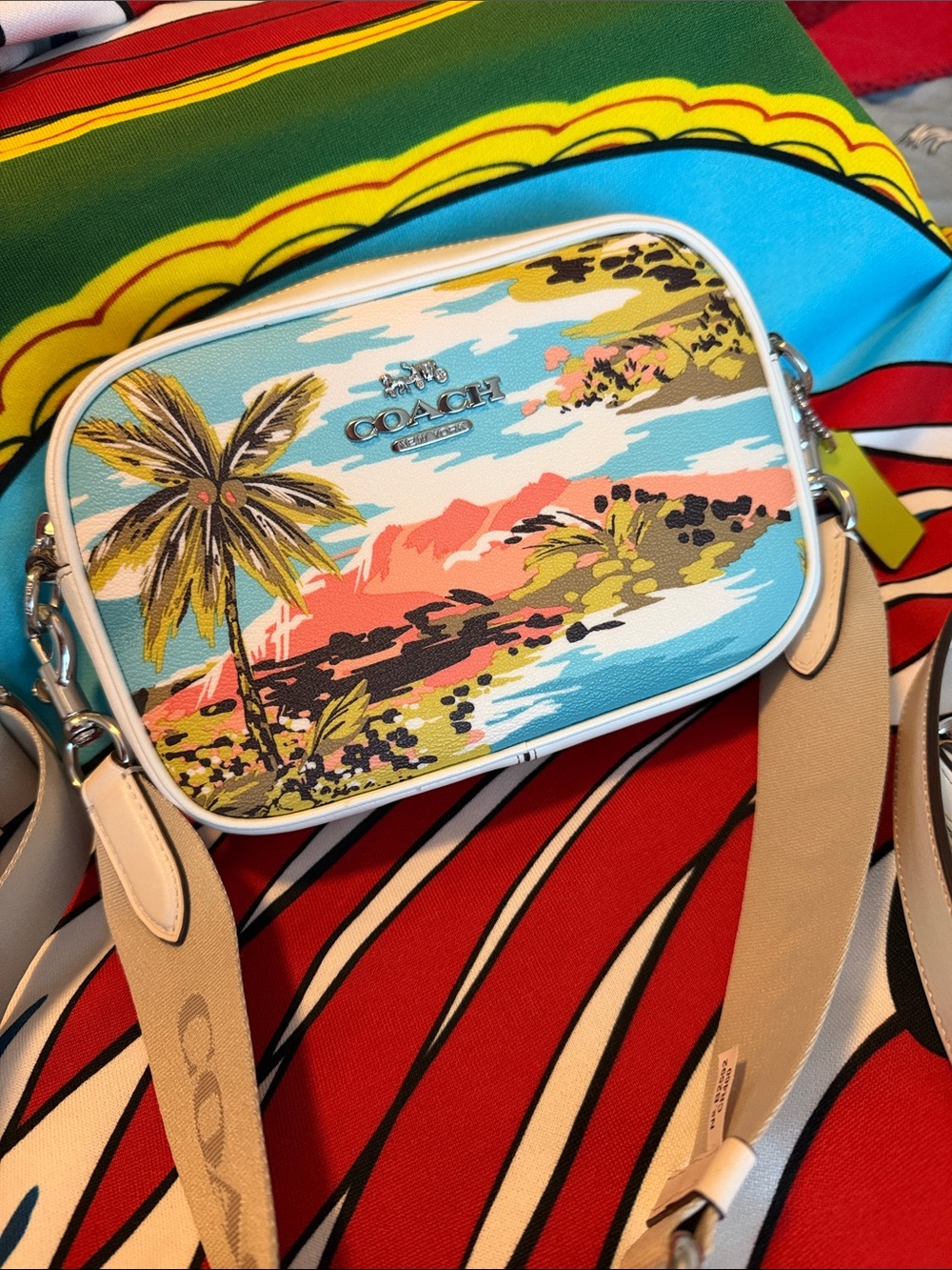 Coach Pebble Leather Crossbody Camera Bag with Palm Trees Hawaiian Print